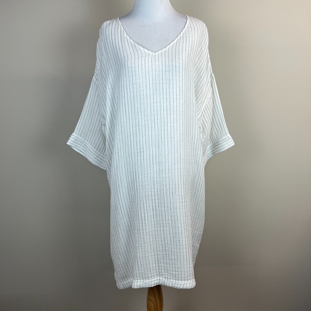 Eileen Fisher Dress Large White Stripe Tunic Shift Dolman 3/4 Sleeve Relaxed Fit